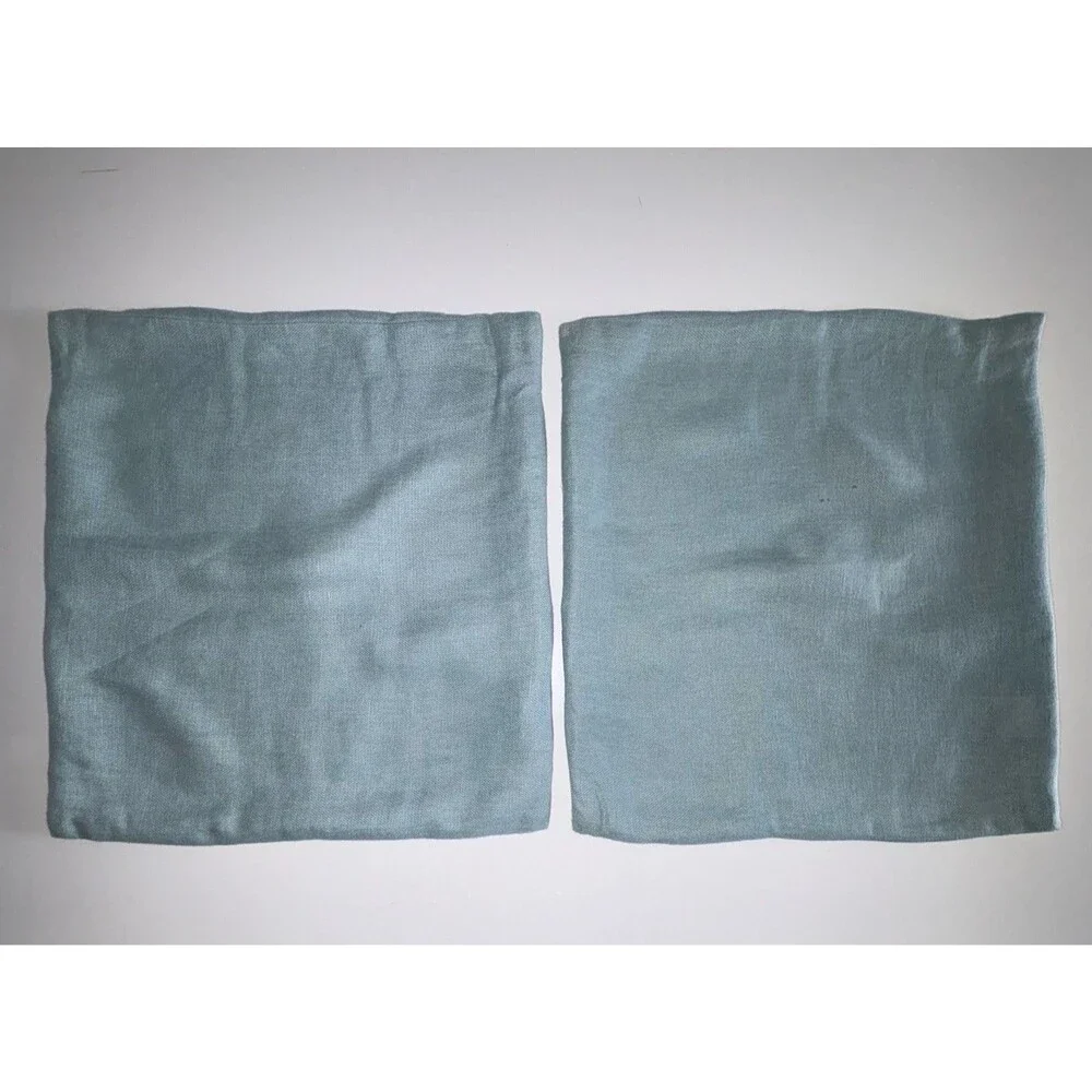 POTTERY BARN Set of 2 Light Blue Linen Throw Pillow Covers Wood Button 18x18”
